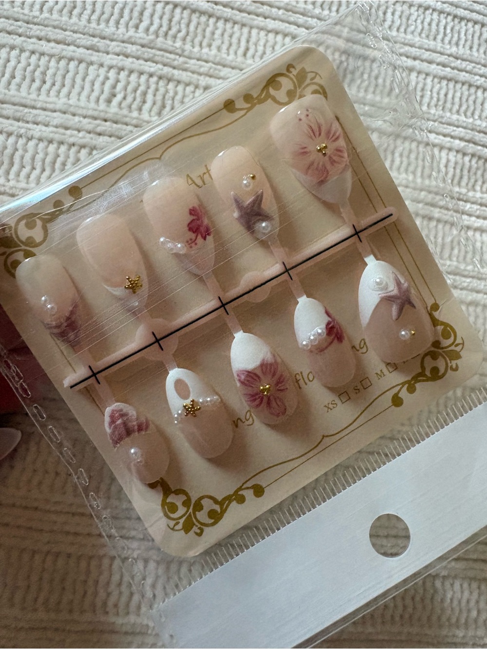 Floral Pink Press-On Nail Set with Pearls and Stars Size Medium